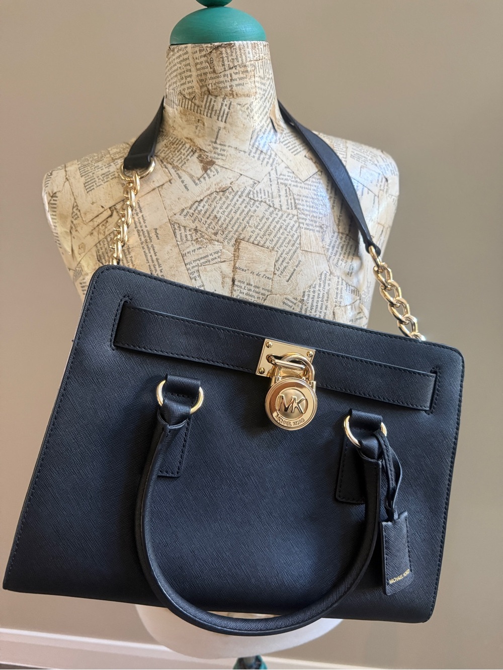 Michael Kors Black Hamilton Saffiano Leather Satchel with Gold Hardware